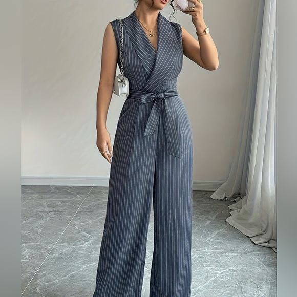 Calvin Klein Pants - New Calvin Klein Stripe Belted Sleeveless Jumpsuit